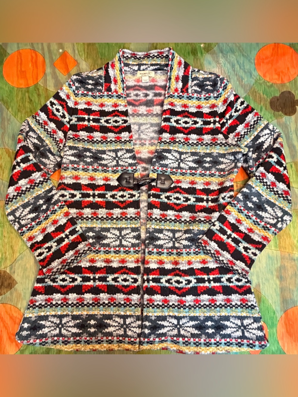 One World Fair Isle Cardigan Womens Size Large Polyester Multicolor Nordic Style
